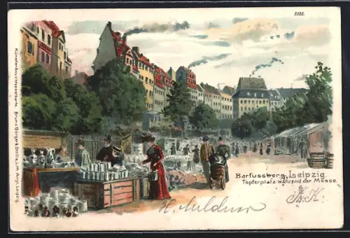 Lithographie Leipzig, Barfussberg. Töpferplatz während der Messe