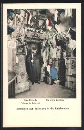 AK Berlin, Bauern-Schänke, Jägerstr. 63, Einsteigen zur Vorlesung in die Katakomben, Die Kleine Excellenz, Fred Richards