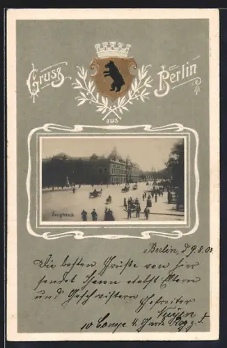 Lithographie Berlin, Zeughaus mit Strassenpartie, Wappen