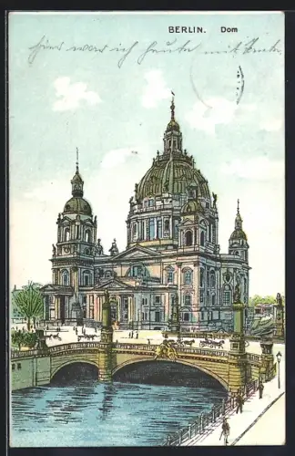 Lithographie Berlin, Ansicht des Doms mit Brücke