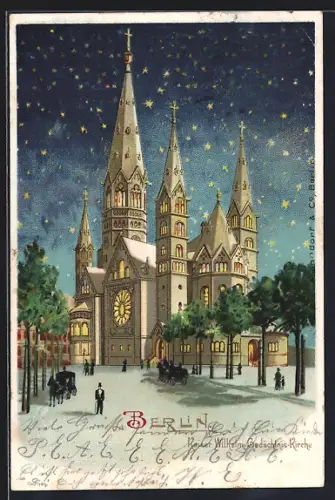 Lithographie Berlin-Charlottenburg, Kaiser Wilhelm Gedächnis Kirche mit erleuchteten Fenstern