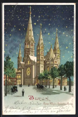 Lithographie Berlin-Charlottenburg, Kaiser Wilhelm Gedächnis Kirche mit erleuchteten Fenstern