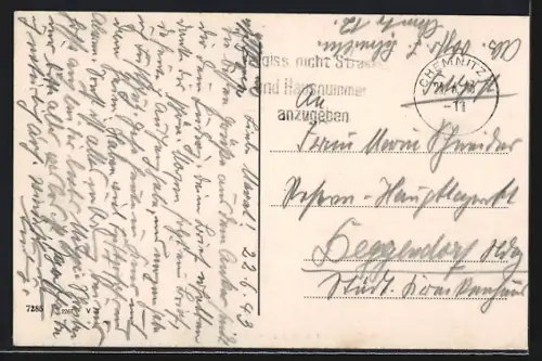 AK Chemnitz, Markt mit Geschäften und Denkmal