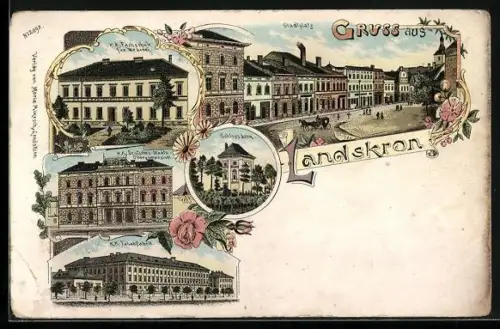 Lithographie Landskron, K. K. Fachschule für Weberei, Stadtplatz, Schlossberg, Tabakfabrik