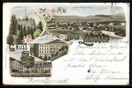 Lithographie Bad Landeck, Kurhaus Tal-Heim, Schollen-Stein, Kursaal
