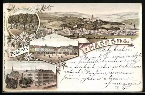 Lithographie Nachod, Námesti, Kostel sv. Michala a skoly II. obvodu