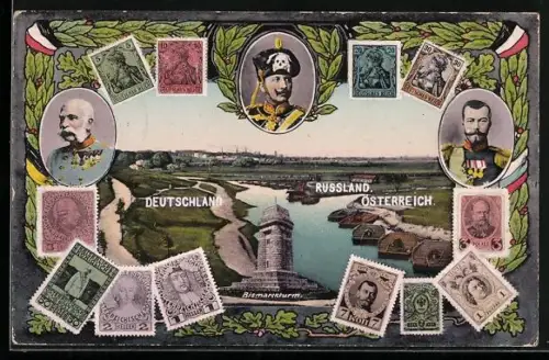 AK Myslowitz, Bismarckturm, Porträts von Zar Nikolai, Franz Joseph I. und Wilhelm II., Briefmarken
