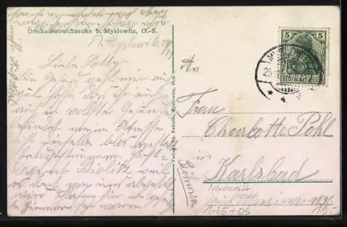 AK Myslowitz, Bismarckturm, Porträts von Zar Nikolai, Franz Joseph I. und Wilhelm II., Briefmarken
