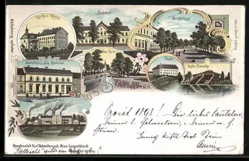 Lithographie Wien-Stadlau, Geschäftshaus Joh. Rormuna, Malz-Fabrik, Oesterr. Eiswerke