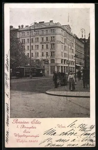 AK Wien, Pension Elite, Börseplatz Ecke Wipplingerstrasse, Strassenbahn