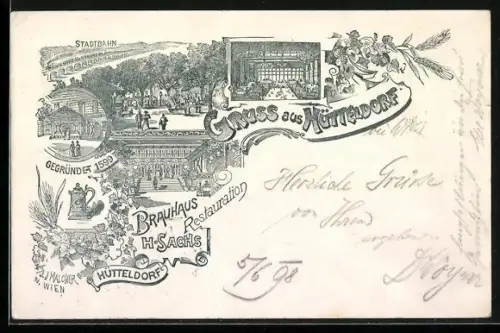 Lithographie Hütteldorf, Brauhaus und Restauration H. Sachs, Stadtbahn