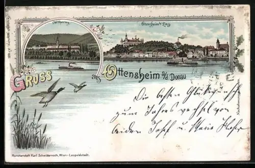 Lithographie Ottensheim a. d. Donau, Withering mit Dampfer, Gesamtansicht mit Dampfer