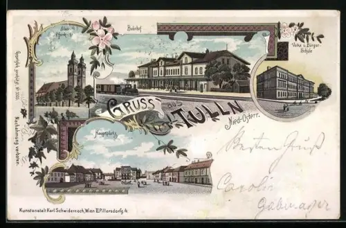 Lithographie Tulln, Bahnhof, Hauptplatz, Stadt-Pfarrkirche & Volks- und Bürgerschule