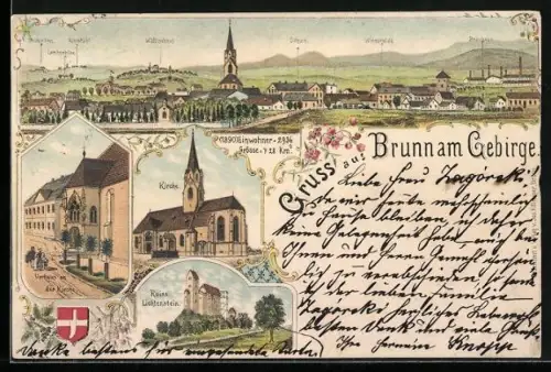 Lithographie Brunn am Gebirge, Ruine Lichtenstein, Vorhaus an der Kirche, Ortsansicht