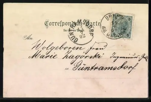 Lithographie Brunn am Gebirge, Ruine Lichtenstein, Vorhaus an der Kirche, Ortsansicht