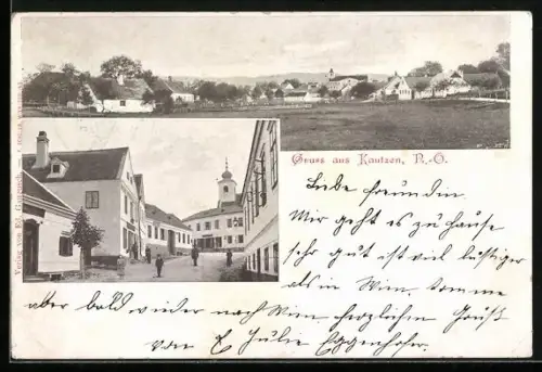 AK Kautzen /N.-Ö., Ortspartie mit Kirche, Ortsansicht aus der Vogelschau
