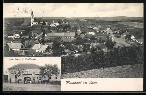 AK Weinzierl am Walde, Jos. Glasers Gasthaus, Ortsansicht aus der Vogelschau