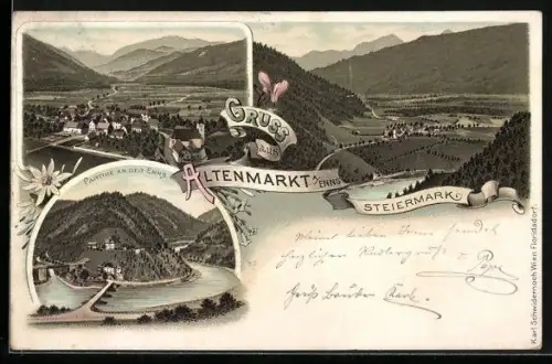 Lithographie Altenmarkt an der Enns, Ortsansicht, Teilansicht, Partie an der Enns
