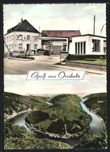 AK Orscholz, Strassenpartie mit Tankstelle Touring, Partie aus der Vogelschau
