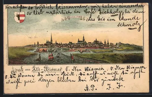 Lithographie Wismar, Alte Ansicht der Stadt anno 1716