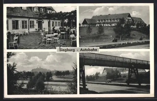 AK Siegburg, Autobahn-Rasthaus F. Linden mit Terrasse, Autobahnbrücke