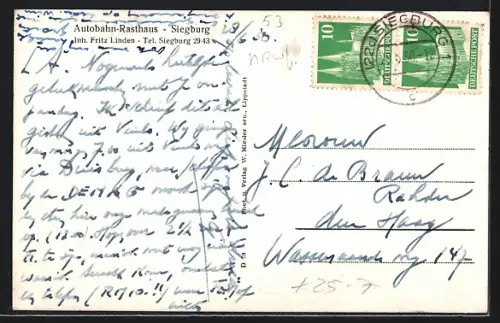 AK Siegburg, Autobahn-Rasthaus F. Linden mit Terrasse, Autobahnbrücke