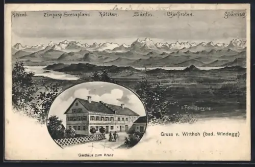 Künstler-AK Eugen Felle: Witthoh, Gasthaus zum Kranz, Gebirgspanorama