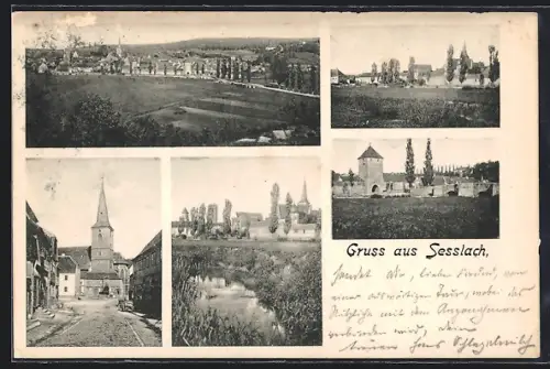 AK Sesslach, Strassenpartie mit Blick auf die Kirche, Flusspartie