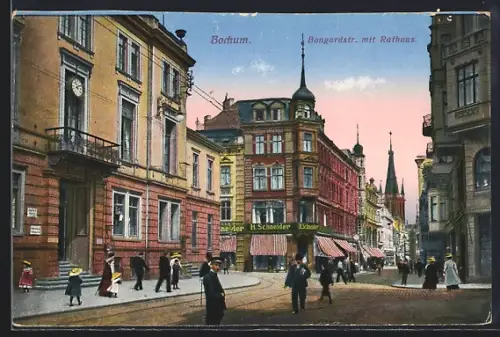 AK Bochum, Bongardstrasse mit Rathaus und Leuten