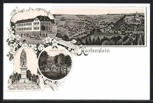 Lithographie Hartenstein / Sachsen, Paul Fleming Denkmal, Hotel Rathskeller, Ortsansicht