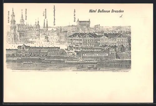 Lithographie Dresden, Hotel Bellevue und Kath. Hof-Kirche