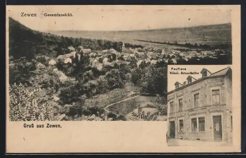AK Zewen, Kaufhaus Nikol. Grundhöfer, Ortspanorama aus der Luft