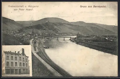 AK Bernkastel, Gasthaus u. Metzgerei von Peter Huwer, Flusspartie mit Brücke
