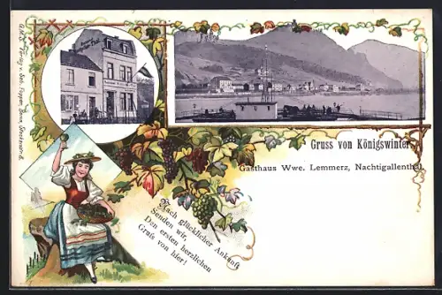 Lithographie Königswinter, Gasthaus Nachtigallenthal, Inh. Wwe. Lemmerz