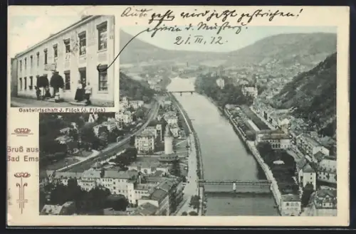 AK Bad Ems, Gasthaus J. Flöck, Ortsansicht mit Flusspartie aus der Luft