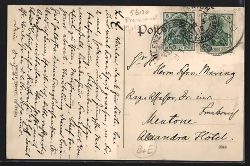 AK Bad Ems, Gasthaus J. Flöck, Ortsansicht mit Flusspartie aus der Luft
