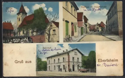 AK Ebertsheim, Bahnhof, Rathaus mit Hauptstrasse, Kirche
