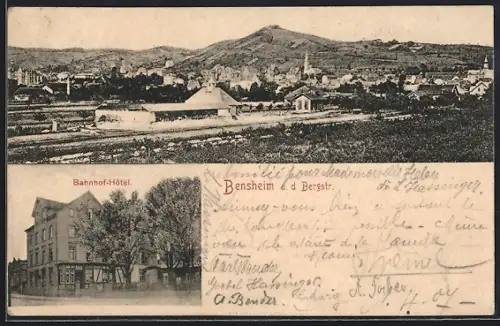 AK Bensheim a. d. Bergstr., Bahnhof-Hotel, Ortsansicht mit Berg im Hintergrund