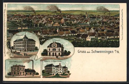 Lithographie Schwenningen a. N., Totalansicht mit Realanstalt und Postamt