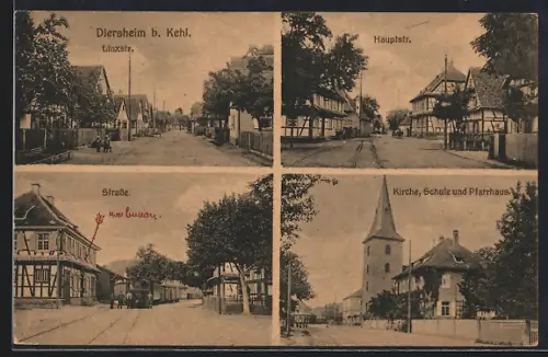 AK Diersheim bei Kehl, Hauptstrasse, Kirche, Schule und Pfarrhaus