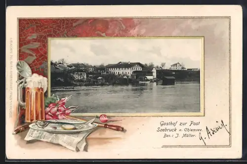 Passepartout-Lithographie Seebruck a. Chiemsee, Gasthof zur Post am See, Bes. J. Müller