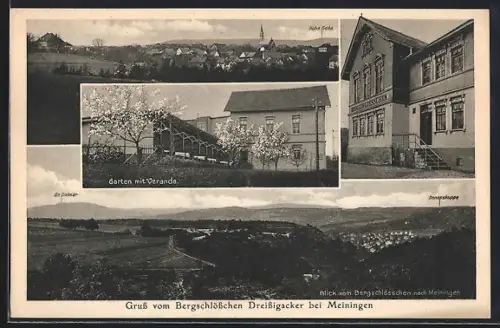 AK Meiningen, Hotel Bergschlösschen Dreissigacker, Garten mit Veranda, Ortsansicht