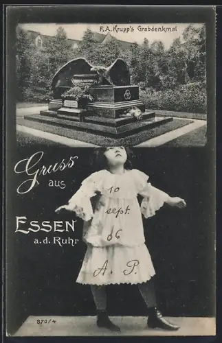Grusskarten-AK Essen, Mädchen balanciert F.A. Krupp`s Grabdenkmal auf dem Kopf