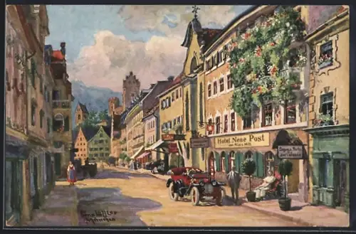 Künstler-AK Füssen, Hotel Neue Post in der Hauptstrasse