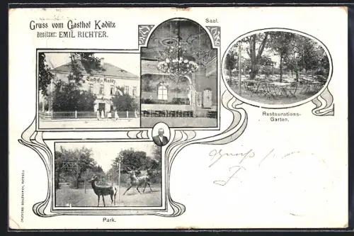 AK Dresden-Kaditz, Gasthof, Bes. Emil Richter, Restaurations-Garten, Saal, Park