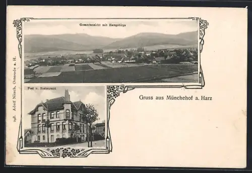AK Münchehof a. Harz, Post u. Restaurant, Totalansicht mit Harzgebirge