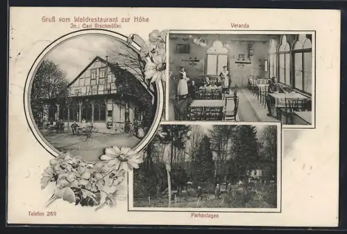 AK Hameln, Waldrestaurant zur Höhe, Inh. Carl Rischmüller, Veranda, Parkanlagen