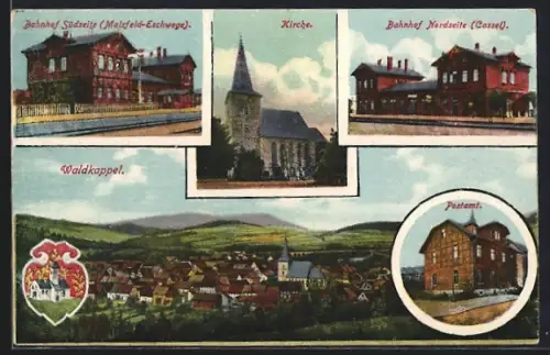 AK Waldkappel, Bahnhof Süd- und Nordseite, Kirche, Postamt