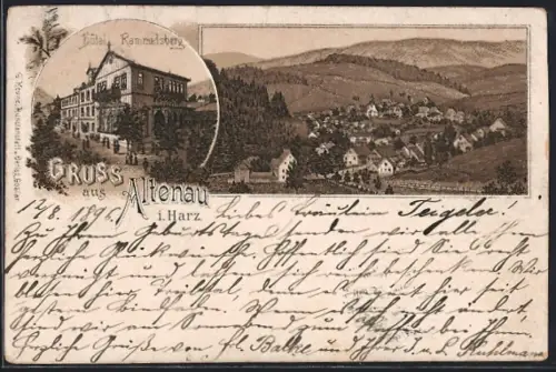 Lithographie Altenau i. Harz, Hotel Rammelsberg, Ortsansicht aus der Vogelschau