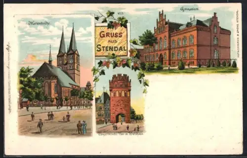 Lithographie Stendal, Gymnasium, Gangermünder Tor mit Kreishaus, Marienkirche